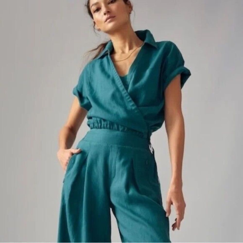 Athleta Playa Teal Linen Tie Front‎ Top Sz M
